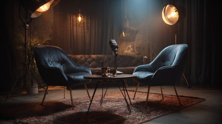 Stylish podcast recording arrangement with two chairs, premium microphone, soft studio lighting, and elegant texturesの素材