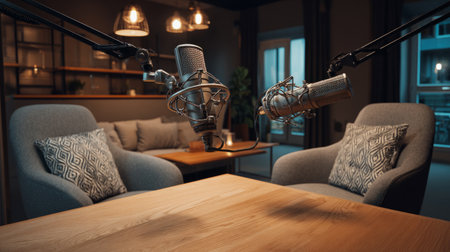 Modern podcast studio with sleek microphones and cozy chairs, minimalistic interior design, warm lighting, professional recording setup, stylish and contemporary vibeの素材