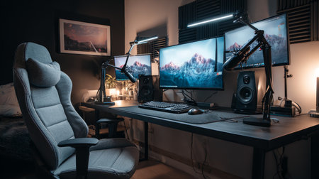 Professional podcasting workspace with sleek technology, mounted microphones, stylish chairs, and a clean modern layoutの素材