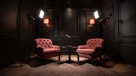 Sophisticated podcast recording space with two matching chairs, central microphone, moody cinematic lighting, upscale studio designの素材
