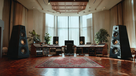 Cinematic shot of a large professional recording space with towering speakers and high-end music production gearの素材