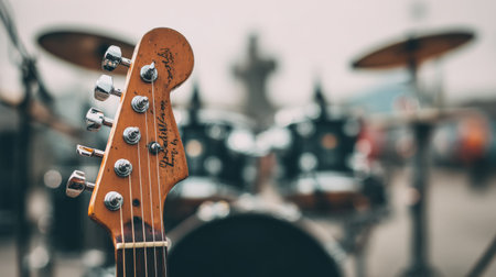 Close-up of electric guitar headstock with blurred background showing drum kit and other rehearsal equipmentの素材