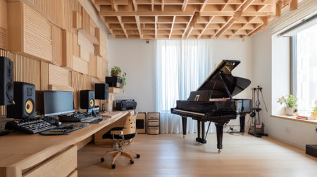Bright minimalist music room with wooden acoustic panels, a grand piano, and a clean desk with recording equipmentの素材
