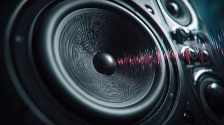 Close-up of a powerful studio speaker with visible sound waves and subtle reflections, emphasizing high-quality audio and sound clarityの素材