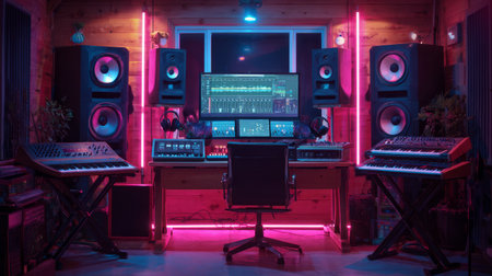 Dark and moody studio with glowing RGB lights highlighting studio monitors, synthesizers, and headphones, perfect modern producer aestheticの素材