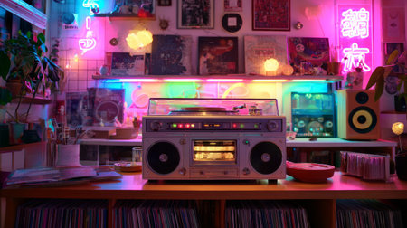 Classic retro stereo setup surrounded by colorful neon lights and retro decor, perfect for nostalgic music vibesの素材