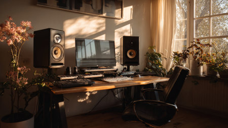 Bright daylight shining on a minimalist music production setup with compact studio monitors and modern decorの素材
