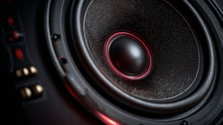 Close-up of a powerful studio speaker with visible sound waves and subtle reflections, emphasizing high-quality audio and sound clarityの素材