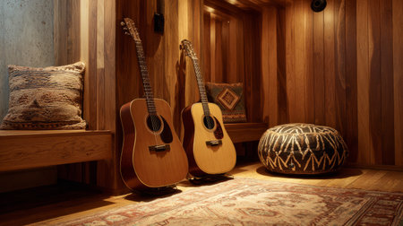 Cozy acoustic-focused space with natural textures, elegant wall treatment, and one premium guitarの素材