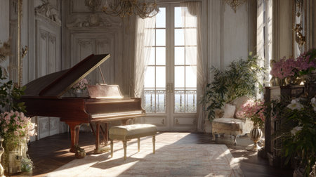 Elegant vintage music room with a retro piano glowing under the soft morning light from balcony windowsの素材
