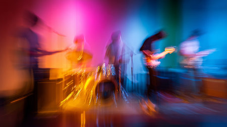 Colorful abstract blur of band rehearsal in motion, guitars, drums, and lights blending togetherの素材
