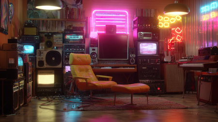 Colorful nostalgic listening space with vibrant neon reflections and classic 80s music equipmentの素材
