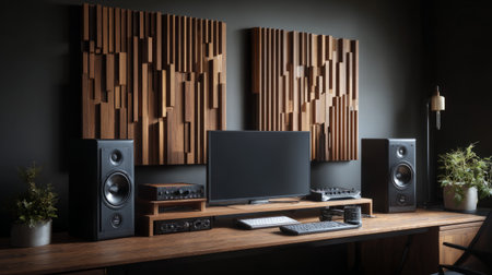 Elegant modern studio setup with wooden acoustic panels, premium speakers, and clean minimalist workstation designの素材