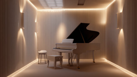 Cozy minimalist music room featuring a digital piano, soft wall panels, and subtle ambient lightの素材