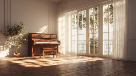 Elegant light-filled room with a vintage upright piano, polished wood reflecting sunlight from balcony windowsの素材