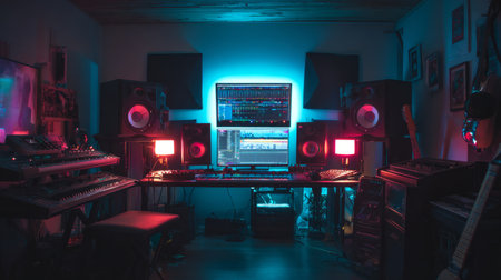 Dark and moody studio with glowing RGB lights highlighting studio monitors, synthesizers, and headphones, perfect modern producer aestheticの素材