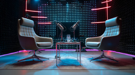 High-tech podcast studio design with modern chairs, advanced microphone, LED ambient glow, and futuristic backdropの素材