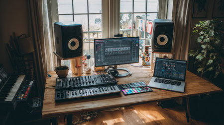 Minimalist home music production setup with studio monitors, a laptop, MIDI controller, and soft natural lighting for creative inspirationの素材