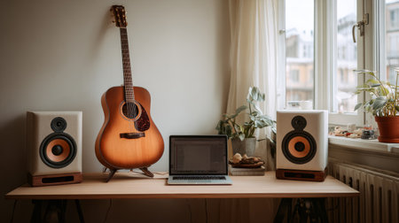 Minimalist home studio with compact speakers, a laptop, and a single premium acoustic guitar on a standの素材