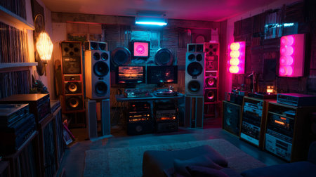 Intimate electronic music listening space with retro audio equipment and glowing neon gradientsの素材