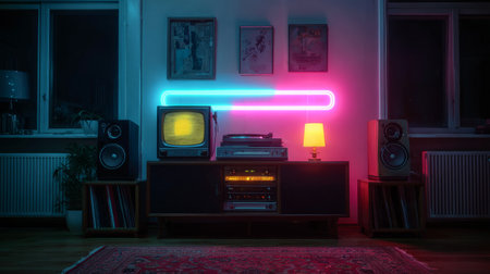 Minimalist retro space with single glowing neon light, classic stereo equipment, and vibrant futuristic aestheticの素材