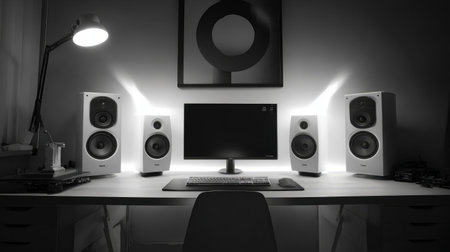 Minimal black-and-white studio setup with sleek studio monitors, clean desk space, and a modern futuristic aestheticの素材