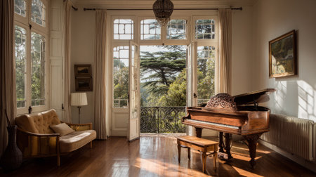 Light modern room blending vintage charm, a retro piano positioned elegantly by tall balcony windowsの素材