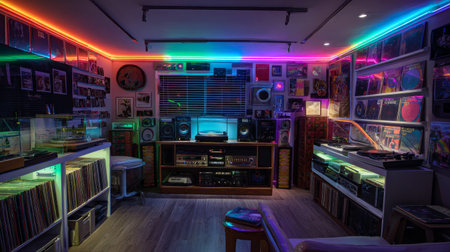 Neon-lit retro listening room with vinyl records, colorful LED strips, and vintage stereo equipment for an 80s electronic music moodの素材