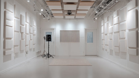 Modern minimalist studio with clean white walls, acoustic panels, and a single high-end microphone for professional recordingsの素材