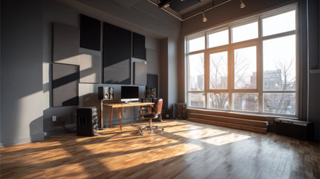 Natural light flooding into a minimalist studio with wooden floors, acoustic treatment, and a simple deskの素材