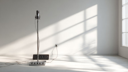 Minimalist studio scene with an elegant microphone stand, simple recording interface, and clear open spaceの素材