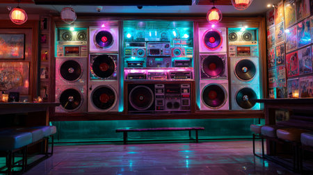 Neon-lit electronic music lounge with old-school speakers, vinyl records, and shimmering colorful light reflectionsの素材