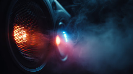 Intense low-light shot of a studio speaker with glowing indicators and subtle mist for a dramatic effectの素材