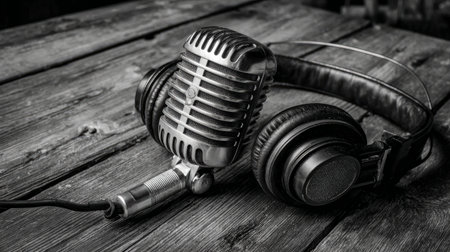 Simple monochrome studio design with a single microphone and premium headphones on a wooden deskの素材