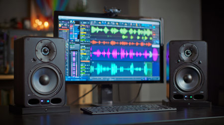 Premium studio monitors placed beside a computer screen displaying a digital audio workstation with colorful sound waves and tracksの素材
