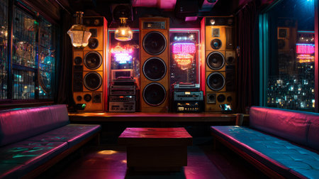 Neon-lit electronic music lounge with old-school speakers, vinyl records, and shimmering colorful light reflectionsの素材