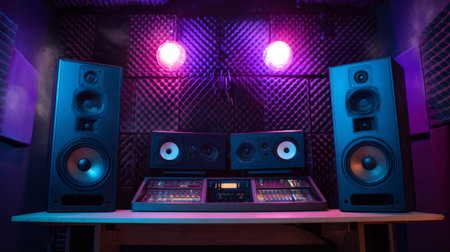 Professional studio speakers placed symmetrically with a mixing console, acoustic foam panels, and creative ambient lighting for a modern producer vibeの素材