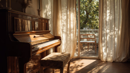 Retro upright piano near balcony doors framed by airy curtains, sunlight cascading across the polished woodの素材