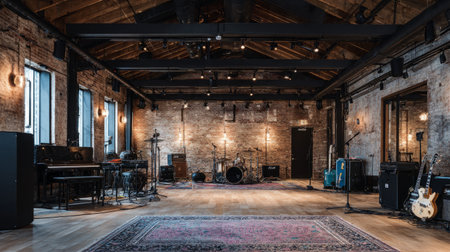 Industrial-style rehearsal base with exposed brick walls, metal stands, and neatly arranged music equipmentの素材