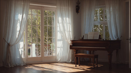 Simple clean interior with a vintage piano placed near balcony doors framed by delicate flowing drapesの素材