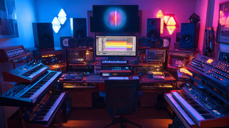 Professional producer's workstation filled with studio speakers, analog synthesizers, and colorful LED lightingの素材