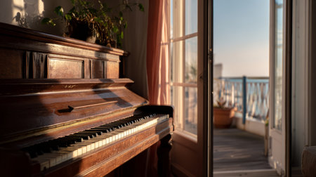 Retro wooden piano bathed in natural light, positioned beside open balcony doors with a peaceful morning glow filling the roomの素材