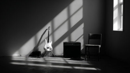 Minimalist rehearsal room with a single guitar, small amp, and soft natural light casting dramatic shadowsの素材