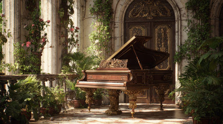 Retro piano with ornate detailing, balcony doors open to lush greenery, sunlight creating soft shadowsの素材
