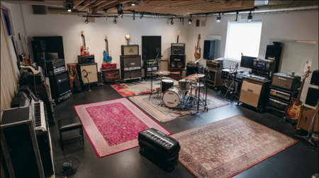 Wide shot of a professional rehearsal studio filled with multiple instruments, amps, and sound equipmentの素材