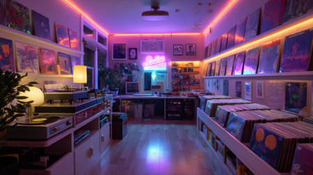Small retro studio with neon-lit walls, colorful vinyl covers, and soft glowing light accentsの素材