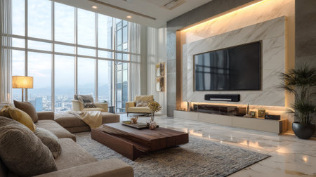 Wide-angle shot of a luxurious living room with smart TV, sound bar, stylish decor, and floor-to-ceiling windowsの素材