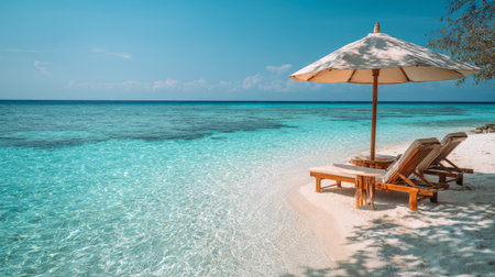 Tranquil beachside scene with umbrella canopy shading lounge chairs, crystal-clear turquoise water, relaxing summer holiday moodの素材
