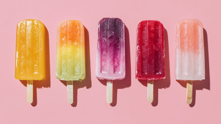 Assorted rainbow popsicles displayed on pastel pink backdrop, top-down view, clean minimal aesthetic perfect for summer stock photographyの素材