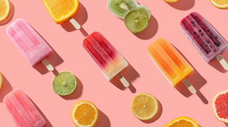 Vibrant fruit-flavored popsicles on soft pink surface, flat lay design highlighting refreshing summer treats in modern minimal styleの素材